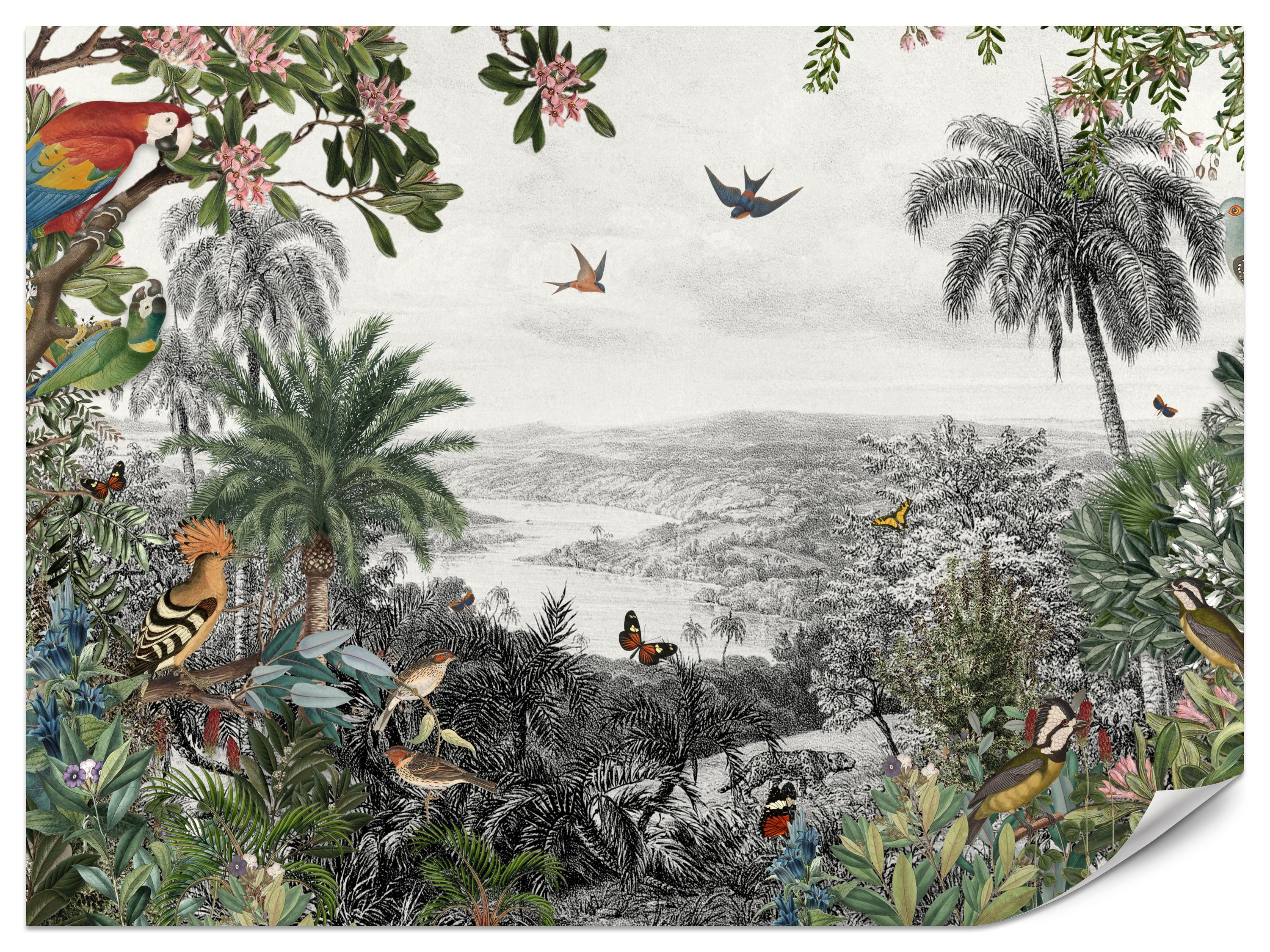 FOTOTAPETE für Wohnzimmer Tropenpapageien Vögel Palmen 250x175 - Gelb/Rot, Papier (250/175cm) - Muralo