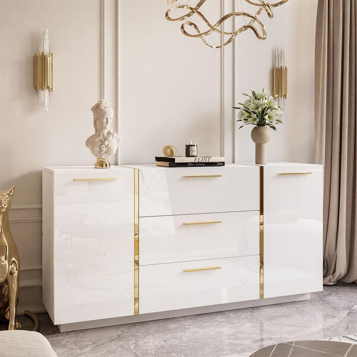 KOMMODE MIT SCHUBLADEN ONYX HOCHGLANZ 158 CM - Weiß, Holzwerkstoff (158/81/41.3cm) - Lookway