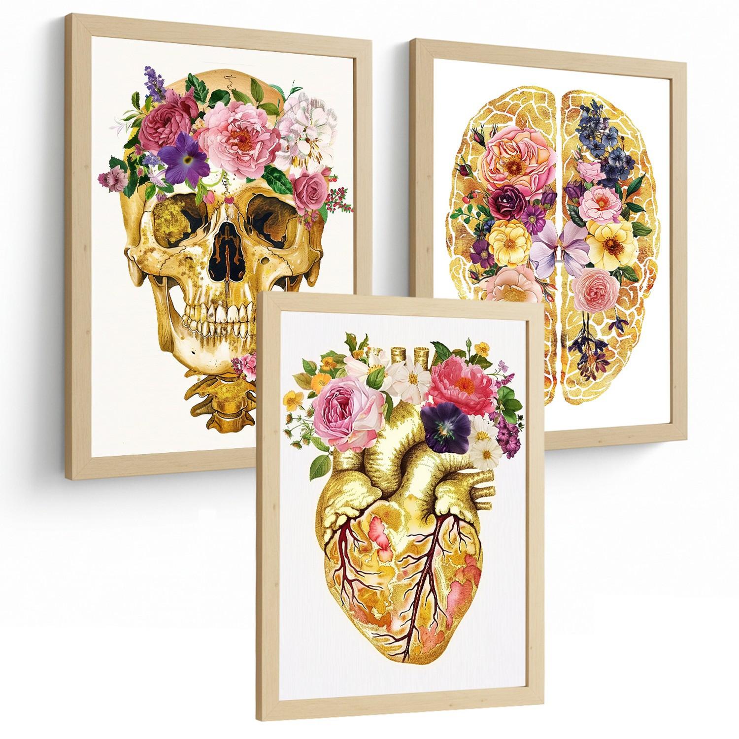 POSTER Set aus 3 Anatomie Mensch Drucke und mit Schädel Gehirn und Herz Goldene Florale Künstlerische Illustration Größe Leichter Holzrahmen A3 - Beige, Papier (29.7/42/3cm) - Nacnic
