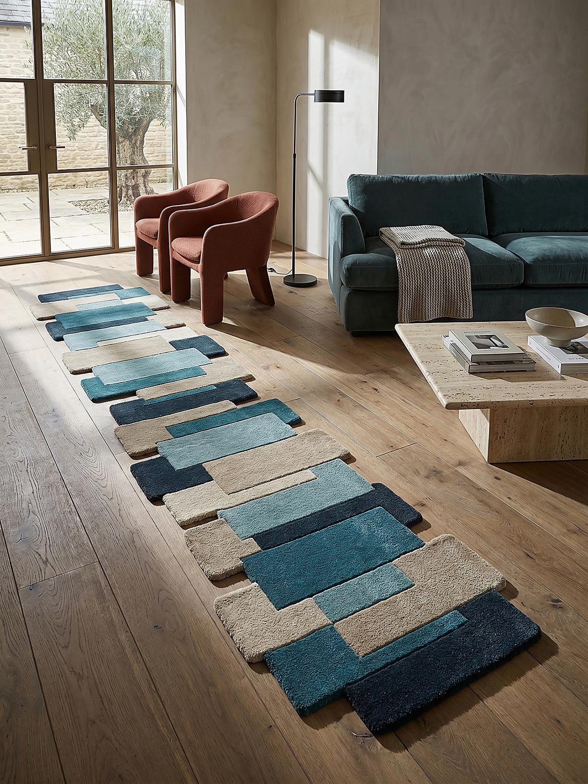 WOLLTEPPICH HALLEIN, geometrisch, Türkis, 60 x 230 cm - Blau, Textil (60/230cm) - KADIMA DESIGN
