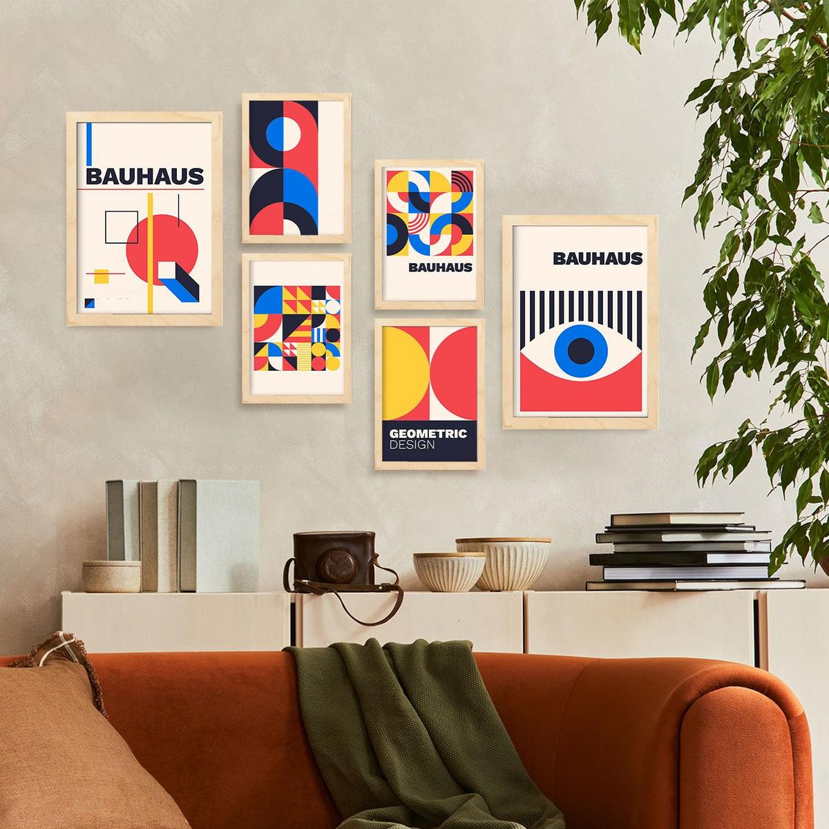 POSTER Set Mit 6 Drucken Im Bauhaus 3 Geometrische Designkollektion Drucke Mit Ästhetische Dekorative Für Zuhause A3 & A4 Rahmen Aus Hellem Holz - Beige, Papier (29/3cm) - Nacnic