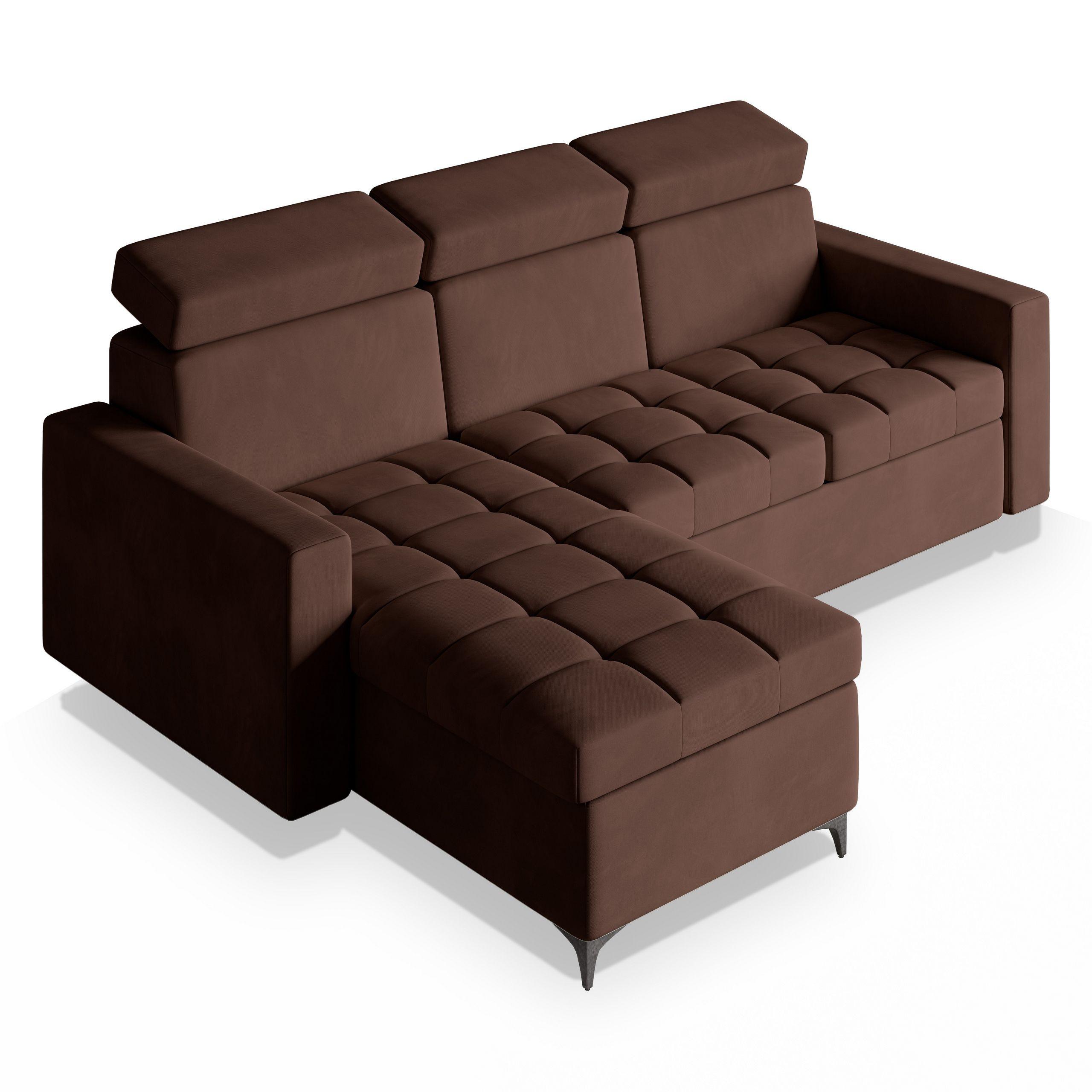 ECKSOFA KAME Braun Plüsch-Stoff mit Schlaffunktion - Schwarz/Braun, Holz/Textil (227/168cm) - MASSENO