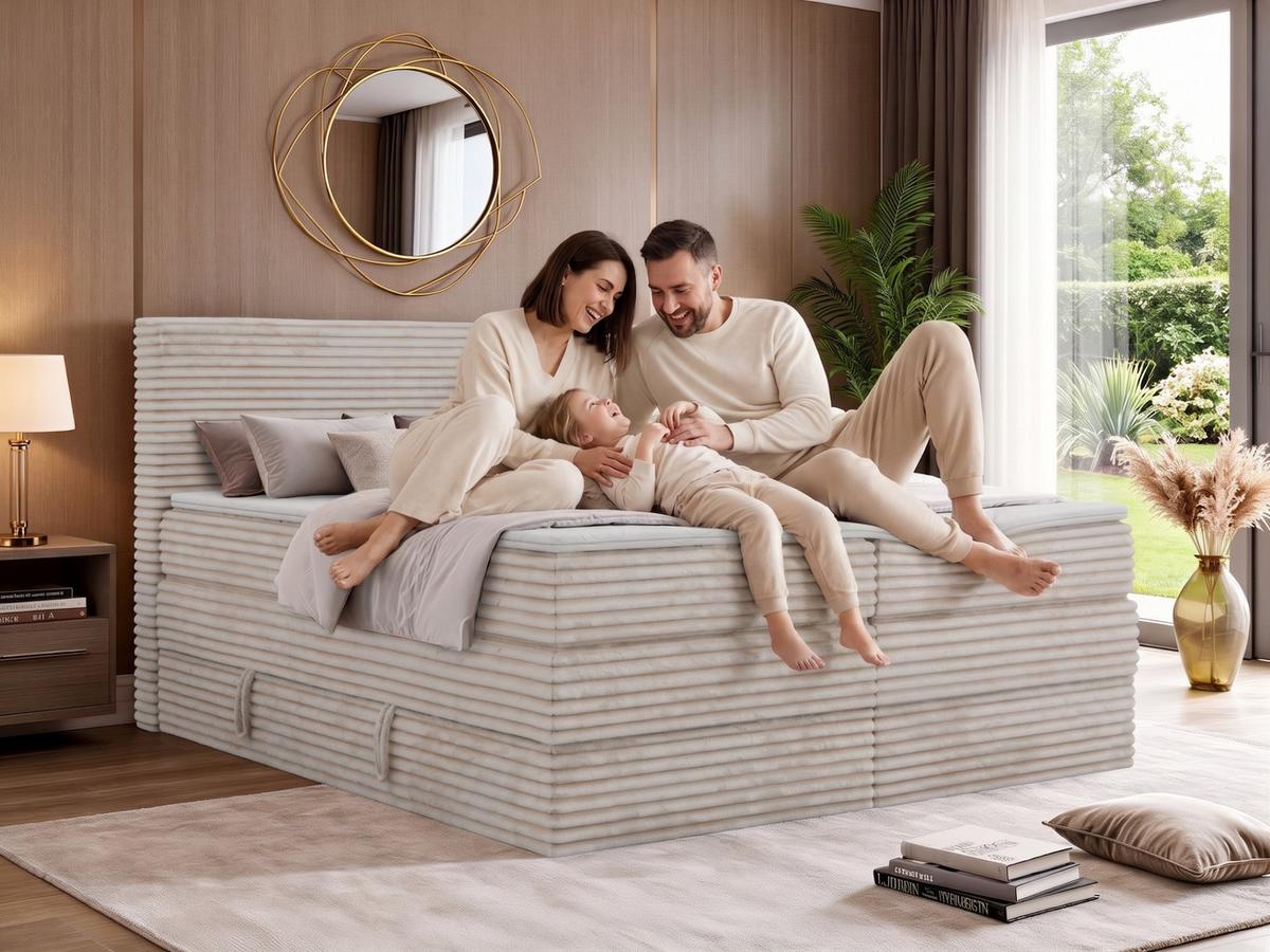 BOXSPRINGBETT TILION KING 140/200 - Hellbraun Cord - Topper Visco - H4 - Hellbraun/Schwarz, Kunststoff/Textil (140/200cm) - MKS