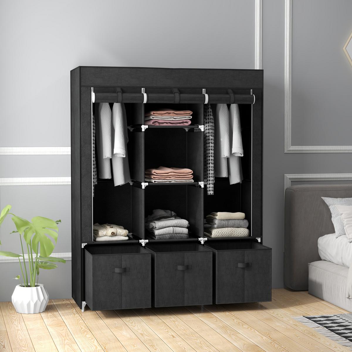 STOFFSCHRANK, Kleiderschrank, Faltschrank mit Reißverschluss, Faltbare Garderobe - Schwarz, Kunststoff/Textil (43/162.5/125cm) - HOMCOM