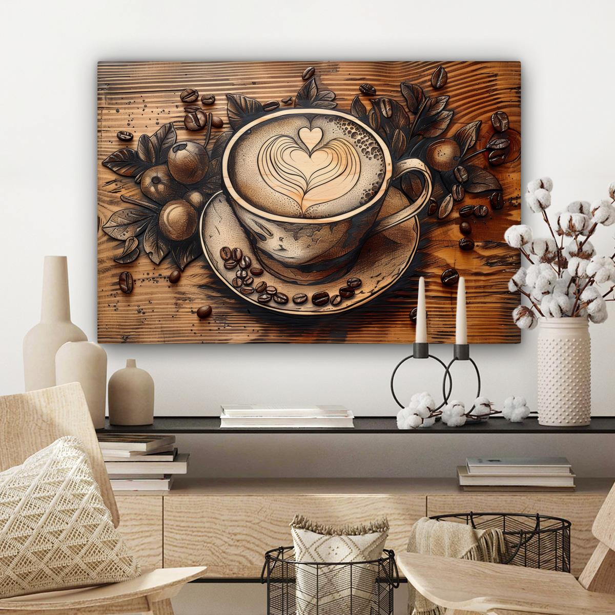 LEINWANDBILD Kaffee - Vintage - Braun - Tasse - Holz Gemälde 60x40 cm - Braun, Textil (60/40cm) - MuchoWow