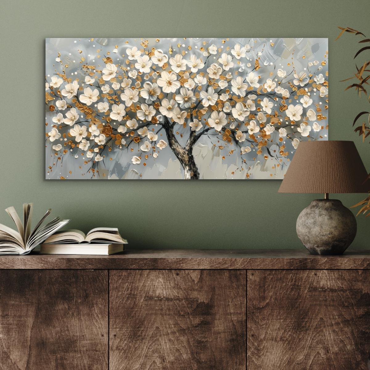 METALLBILD Baum - Blumen - Weiß - Natur - Kunst 80x40 cm - Weiß, Metall (80/40cm) - MuchoWow