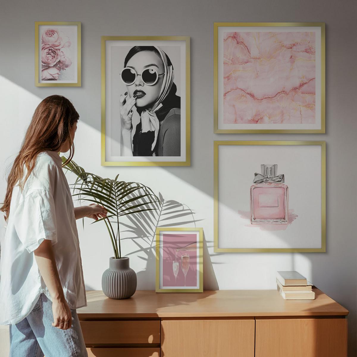 BILDER SET 5er Set - 50x50 cm & 20x30 cm & 40x60 cm Goldrahmen - Stilvolle pinkfarbene Accessoires - Goldfarben, Kunststoff (40/60cm) - TULUP