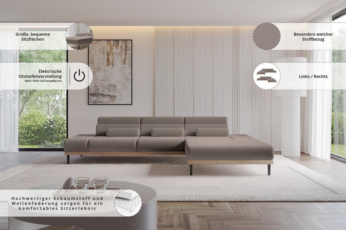ELEKTRISCHES ECKSOFA Rechts MONA 316x205x85 Braun Bouclé - Dunkelbraun/Braun, Holzwerkstoff/Textil (316/205cm) - ALTDECOR