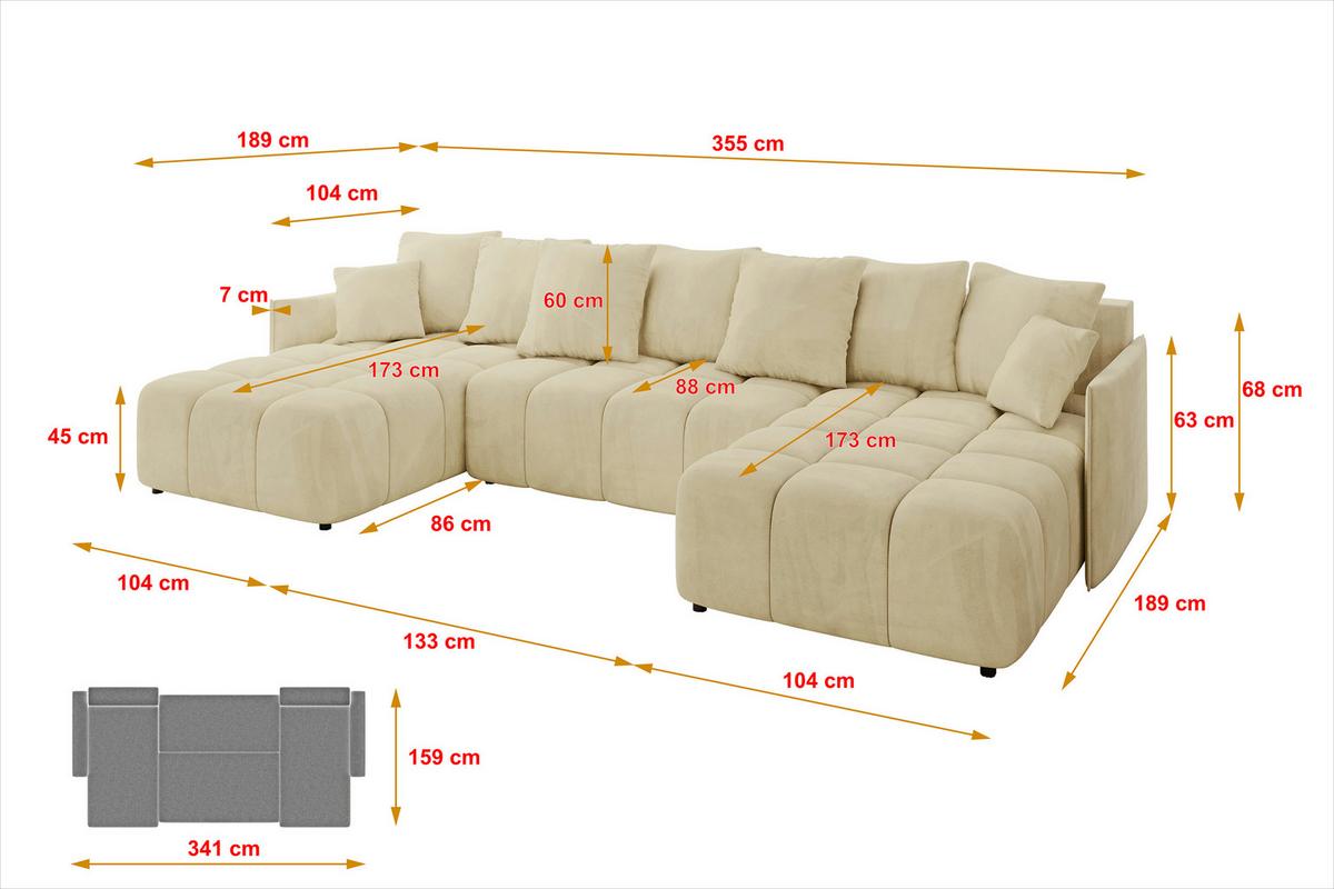WOHNLANDSCHAFT LONLI-U 355x189x68 Beige Velours - Taupe, Holzwerkstoff/Kunststoff (355/68/189cm) - ALTDECOR
