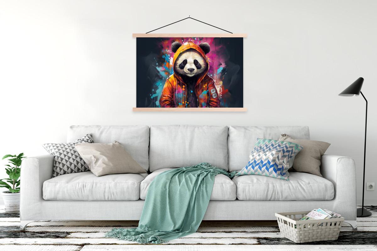 POSTER MIT MAGNETLEISTEN Panda - Jacke - Graffiti - Orange Magnetleiste 120x80 cm - Orange, Textil (120/80/0.15cm) - MuchoWow