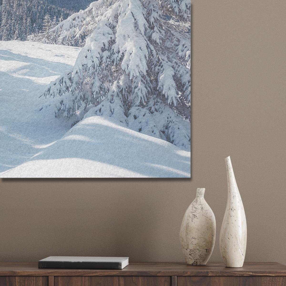 AKUSTIKBILD Winterlandschaft - Natur - Berge - Bäume - Schnee Akustikpaneele 90x90 cm - Hellblau, Kunststoff (90/90/0.9cm) - MuchoWow
