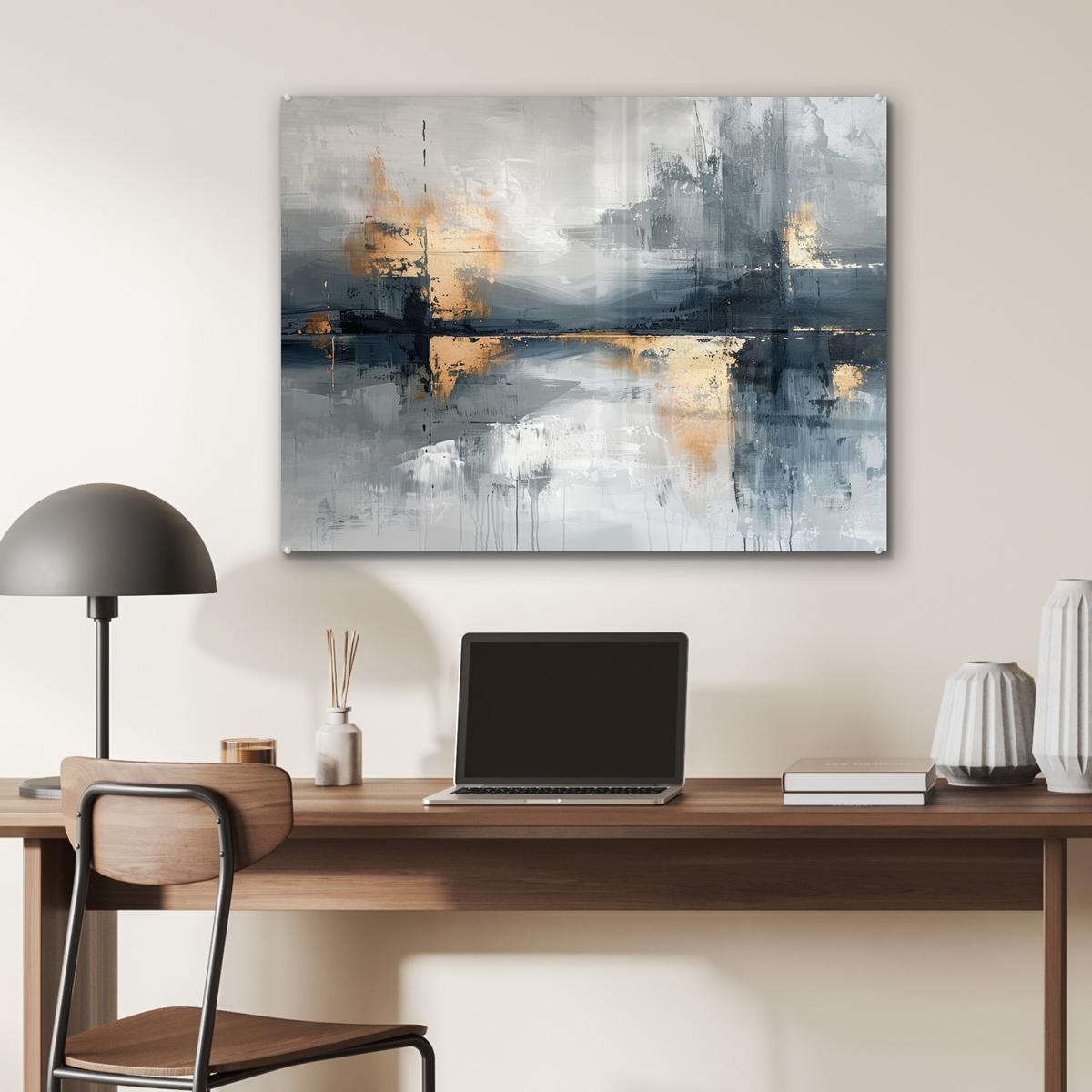 ACRYLGLASBILD Kunst - Grau - Gold - Abstrakt 80x60 cm - Dunkelgrau, Glas (80/60cm) - MuchoWow