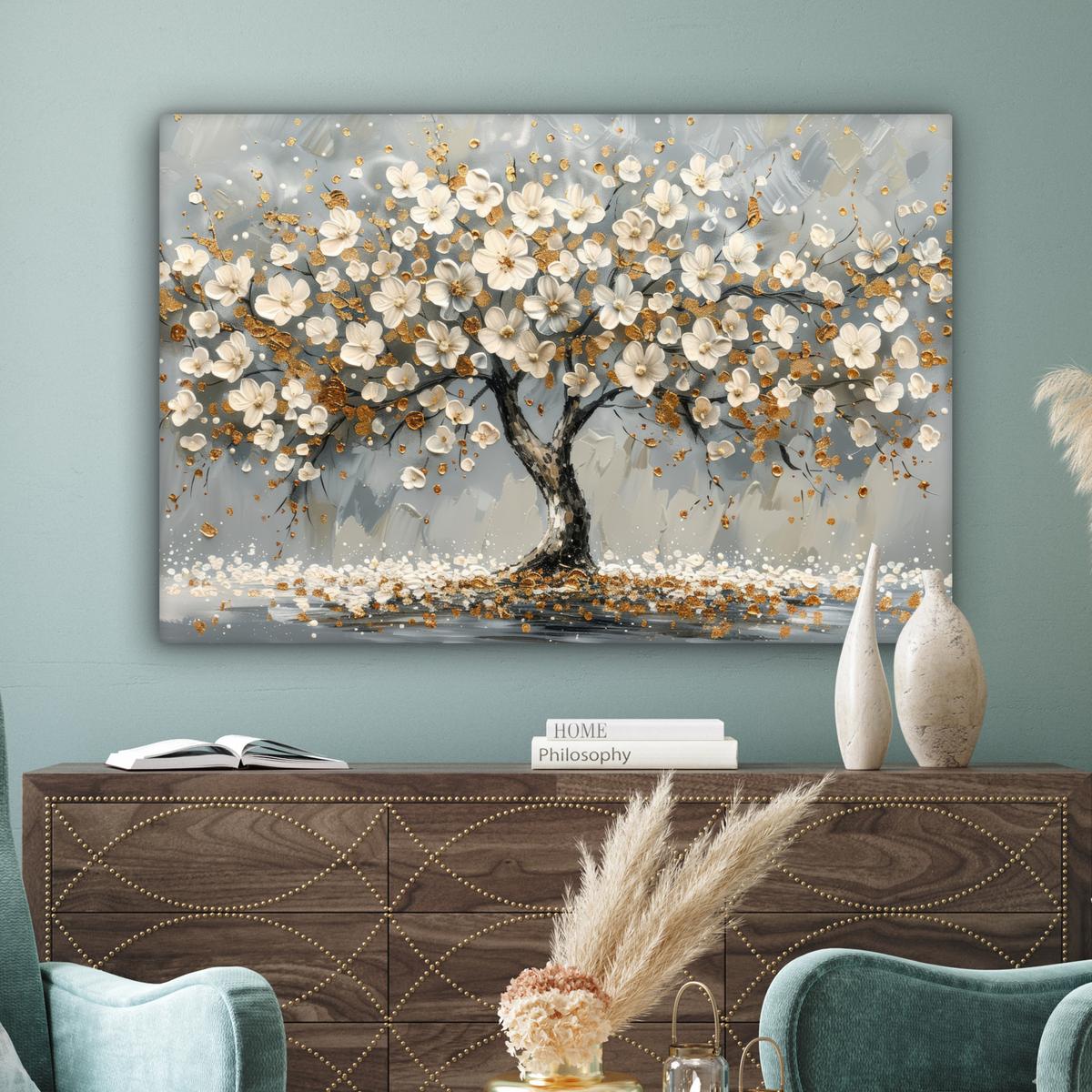 LEINWANDBILD Baum - Blumen - Weiß - Natur - Kunst Groß 140x90 cm - Weiß, Textil (140/90cm) - MuchoWow