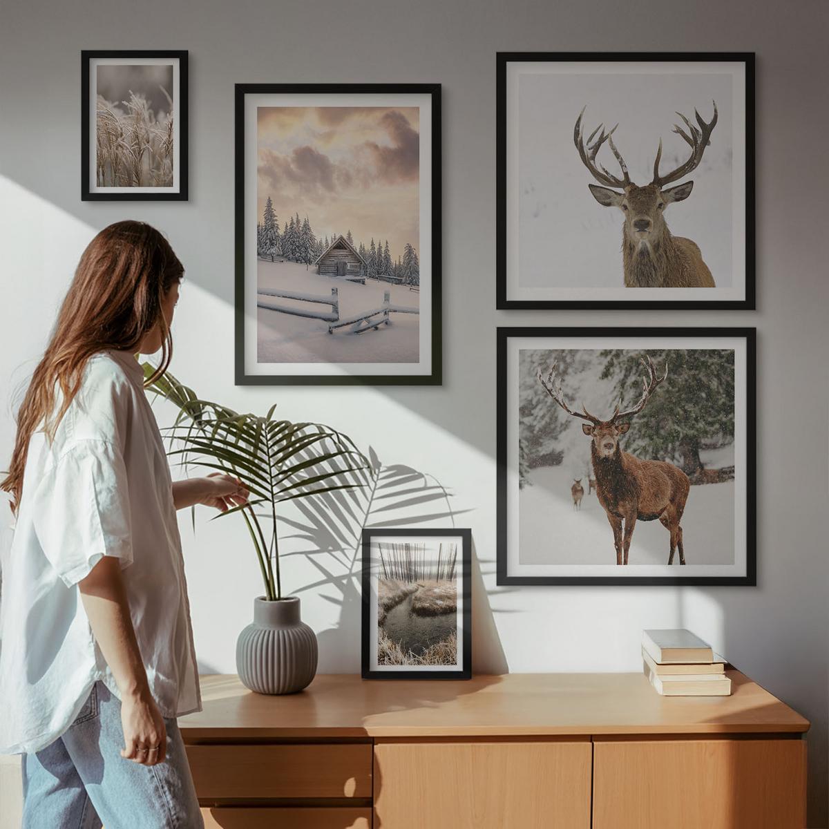 BILDER SET 5er Set - 50x50 cm & 20x30 cm & 40x60 cm Schwarzer Rahmen - Winterlandschaft mit Hirschen - Schwarz, Kunststoff (40/60cm) - TULUP