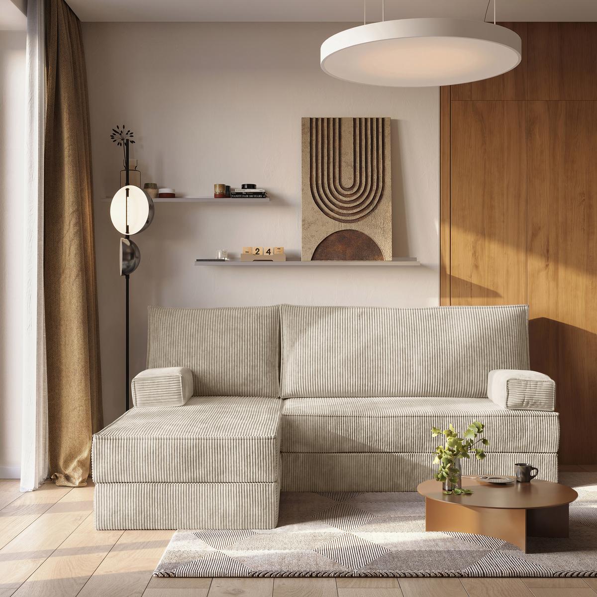 ECKSOFA NOTIA modulares Boneless Sofa mit Schlaffunktion Creme Kordstoff - Creme, Textil (200/120cm) - MASSENO