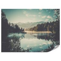 FOTOTAPETE für Esszimmer Bergsee Wald Bäume Nebel 300x210 - Türkis/Gelb, Papier (300/210cm) - Muralo