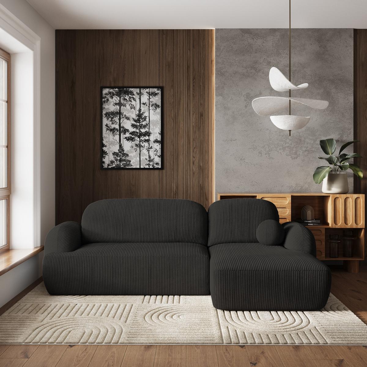 ECKSOFA MODENZA P R-S Schwarz Kordstoff mit Schlaffunktion - Schwarz, Holz/Kunststoff (266/148cm) - MASSENO