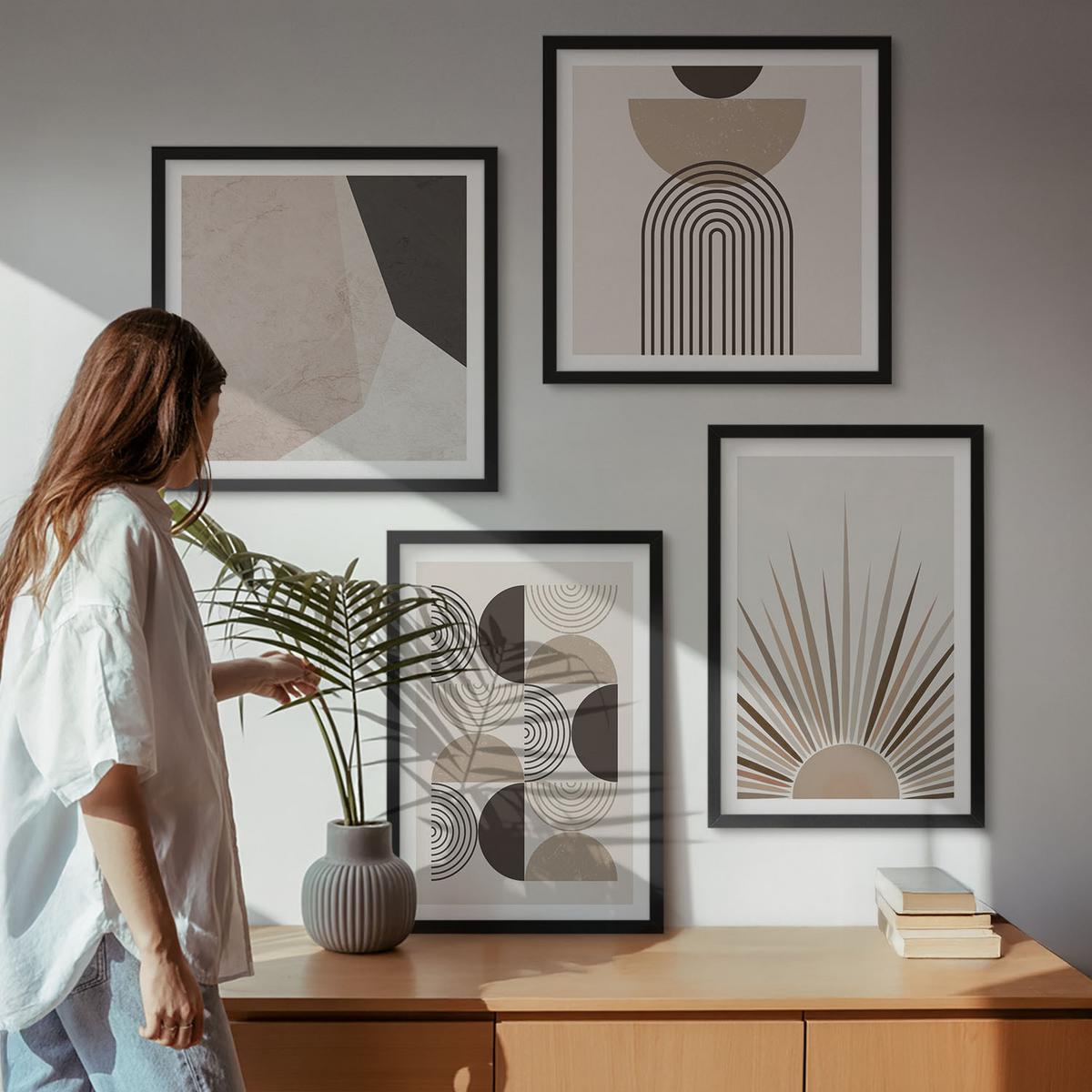BILDER SET 4er Set - 50x50 cm & 40x60 cm Schwarzer Rahmen - Abstrakte beige und braune Formen - Schwarz, Kunststoff (50/50cm) - TULUP