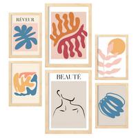 POSTER Set Mit 6 Orange Und Blauen Sammlung A3 & A4 Rahmen Aus Hellem Holz - Beige, Papier (29/3cm) - Nacnic