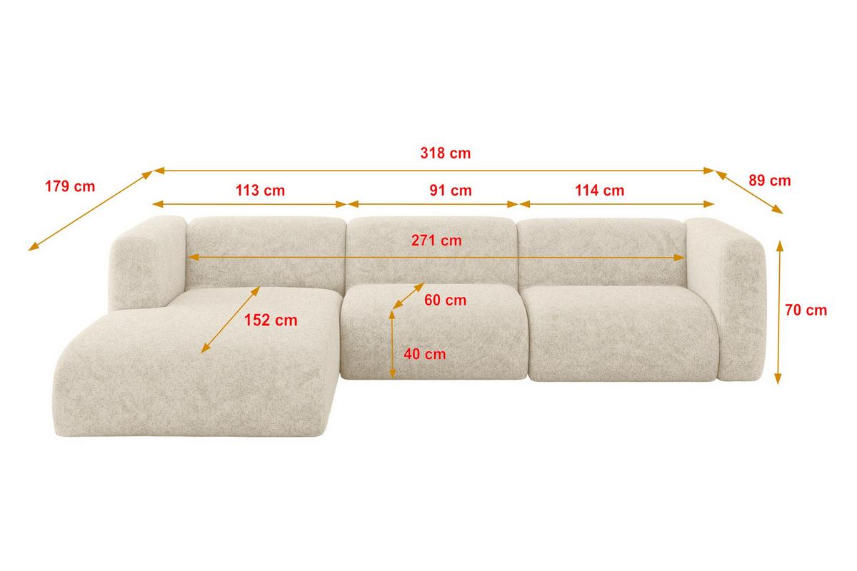 ECKSOFA Ottomane Links MIRA-L2 318x179x89 Creme Velours - Creme/Schwarz, Holzwerkstoff/Kunststoff (318/179cm) - ALTDECOR