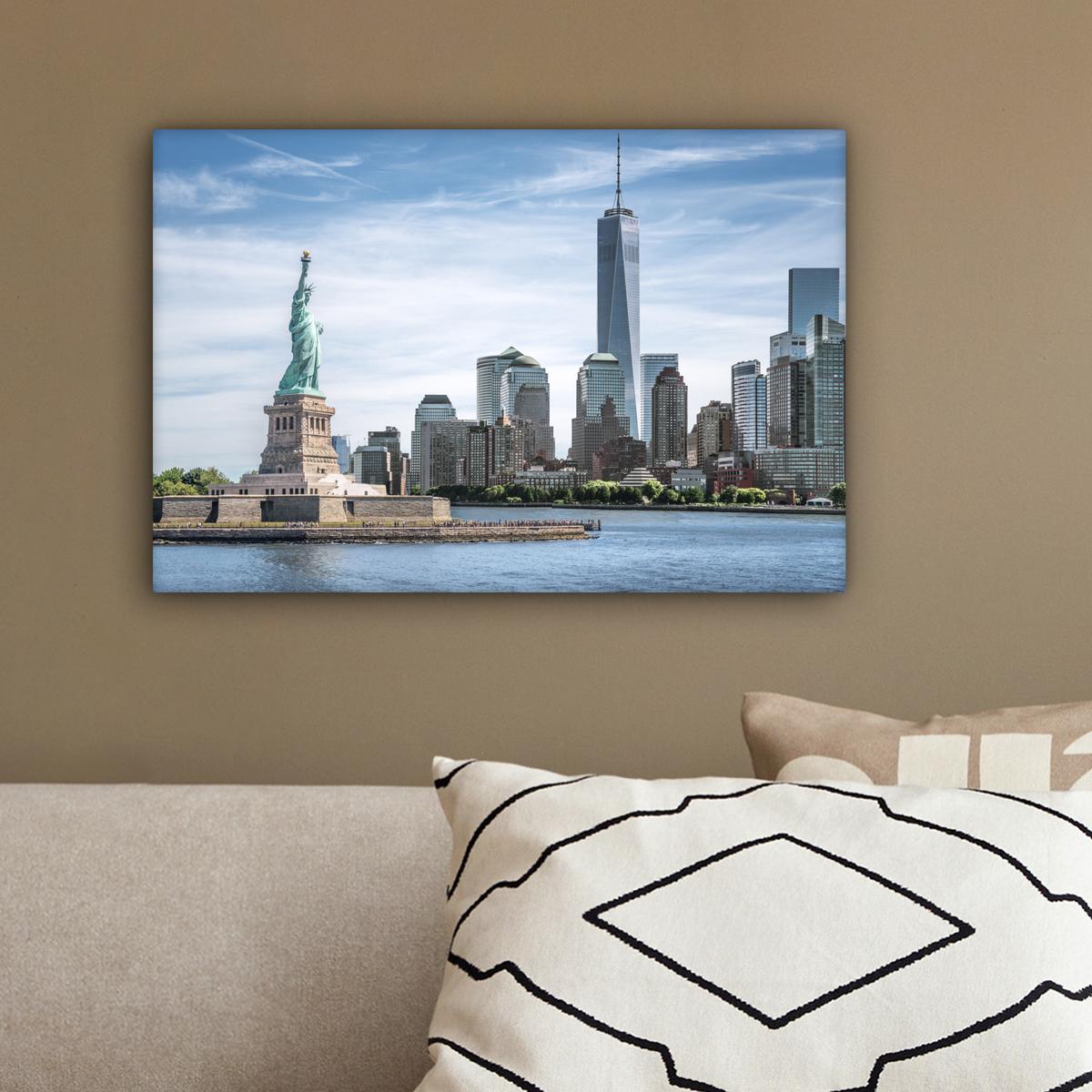LEINWANDBILD New York - Freiheitsstatue - Wasser Deko Schlafzimmer 30x20 cm - Hellblau, Textil (30/20cm) - MuchoWow