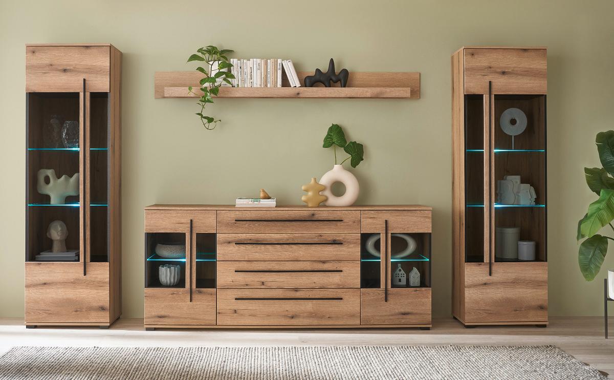 SIDEBOARD Eiche Evoke, Kommode 200 cm mit Soft-Close - Eichefarben/Schwarz, Glas/Holzwerkstoff (200/86/42cm) - Furn.Design