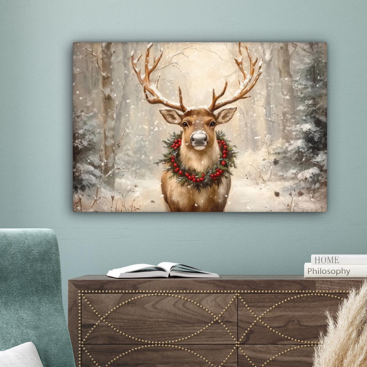 LEINWANDBILD Weihnachten - Rentier - Winter - Kranz Wanddeko 90x60 cm - Naturfarben, Textil (90/60cm) - MuchoWow