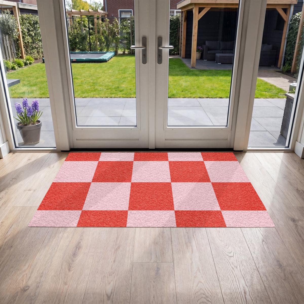 FUSSMATTE Schachbrettmuster - Rot - Rosa - Würfel Türmatte 150x90 cm - Rot, Kunststoff (150/0.4cm) - MuchoWow