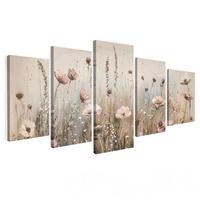 LEINWANDBILD 5er Set Blumen - Beige - Modern - Rosa 200x100 cm - Ecru, Textil (200/100cm) - MuchoWow