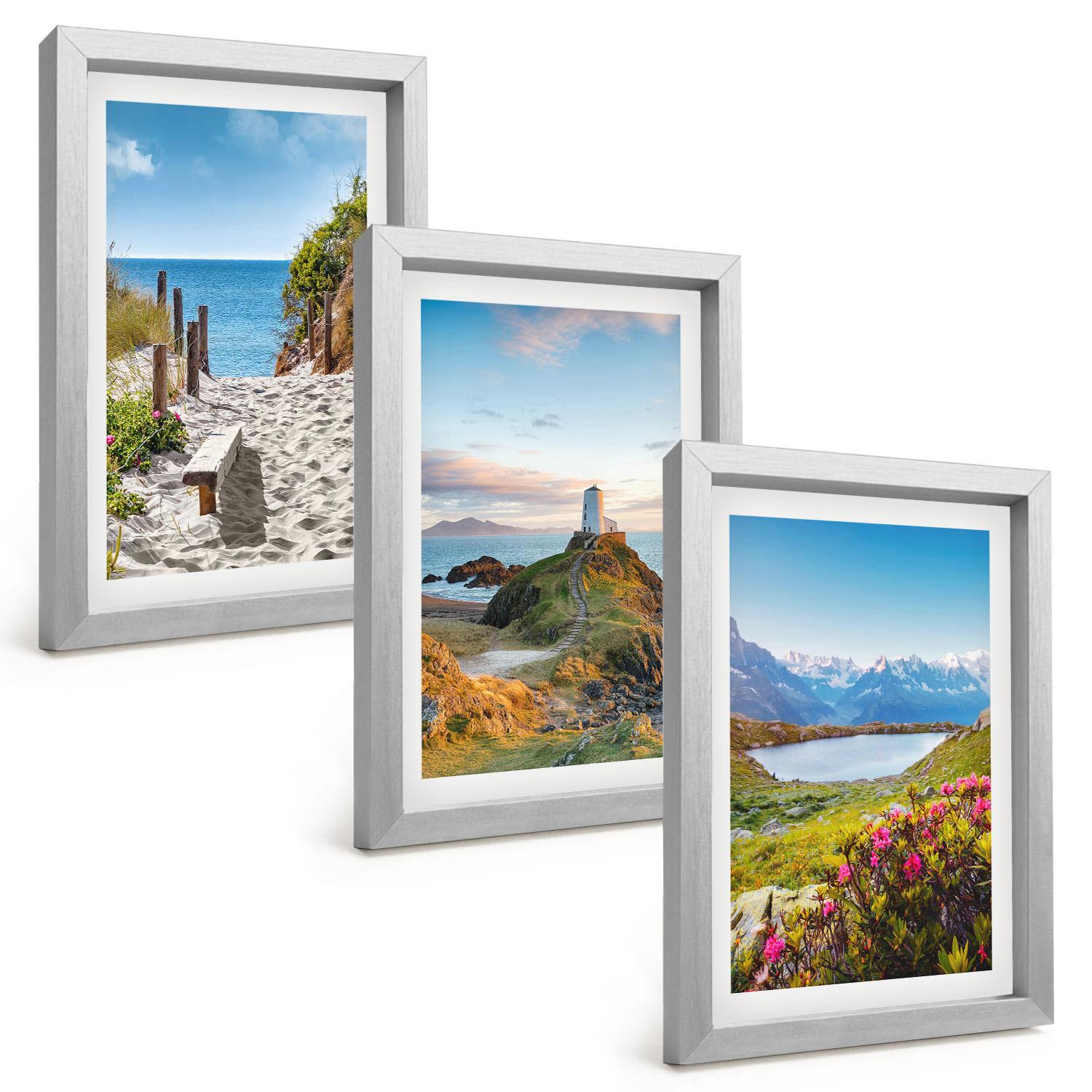 BILDER SET 3er Set - 20x30 cm Silberner Rahmen - Strand, Leuchtturm, Berge, Blumen - Silberfarben, Kunststoff (20/30cm) - TULUP