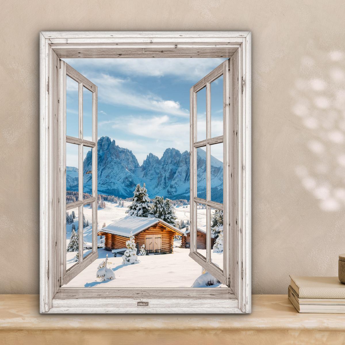 LEINWANDBILD Winterlandschaft - Hütte - Berge - Ausblicke - Aussicht - Natur Room Decor 30x40 cm - Weiß Hochglanz, Textil (30/40cm) - MuchoWow
