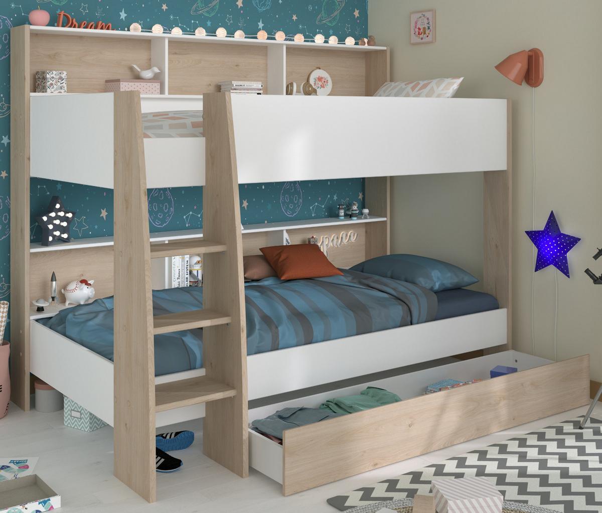 ETAGENBETT weiß, Eiche 90 x 200 cm, Jugendzimmer Hochbett mit Stauraum - Eichefarben/Schwarz, Holzwerkstoff/Kunststoff (90/200cm) - Parisot Meuble