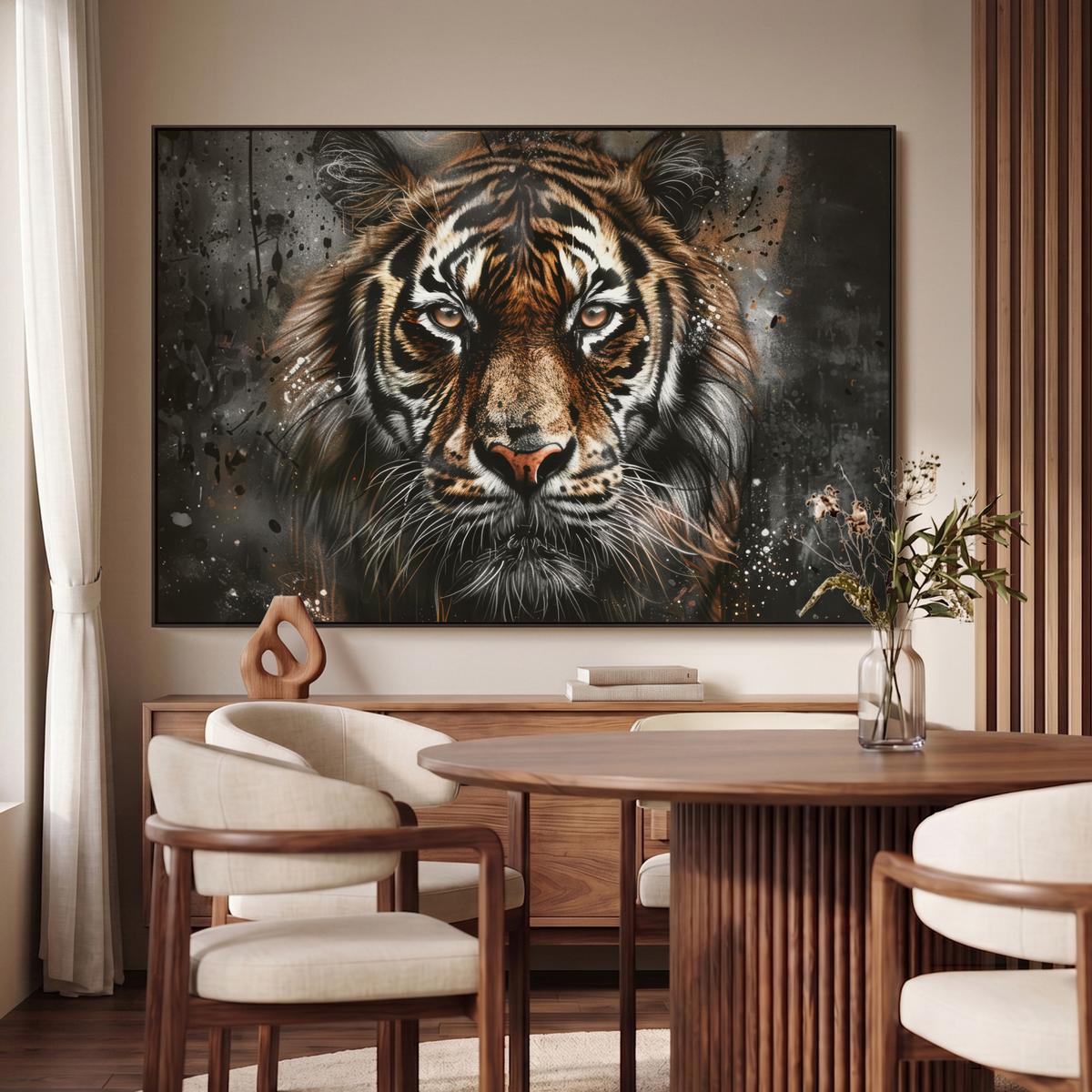 LEINWAND Bilder mit Rahmen - Tiger - Tiere - Porträt - Luxus - Schwarz - 120x80 - Braun, Textil (120/80cm) - MuchoWow
