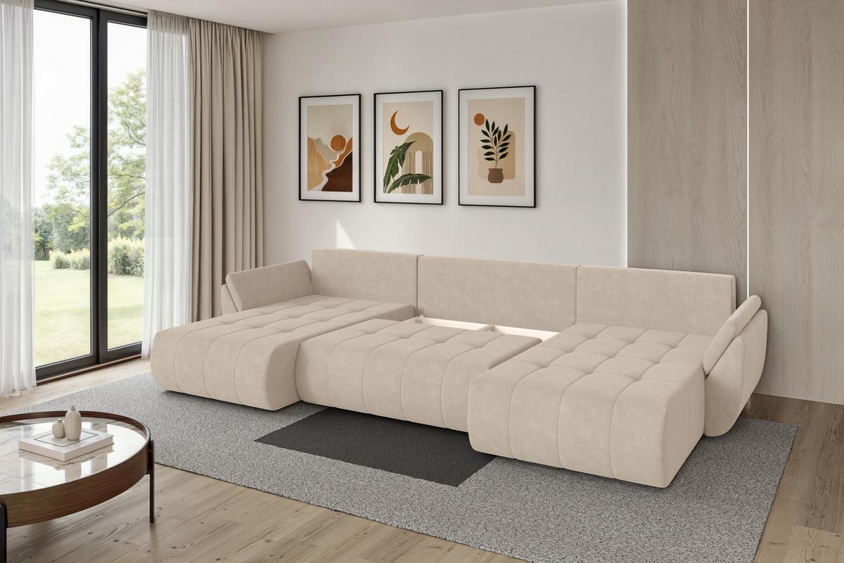 WOHNLANDSCHAFT mit Schlaffunktion und Bettkasten TOKO-U 378x194x86 Beige Velours - Schwarz/Sahara, Holzwerkstoff/Kunststoff (378/86/194cm) - ALTDECOR