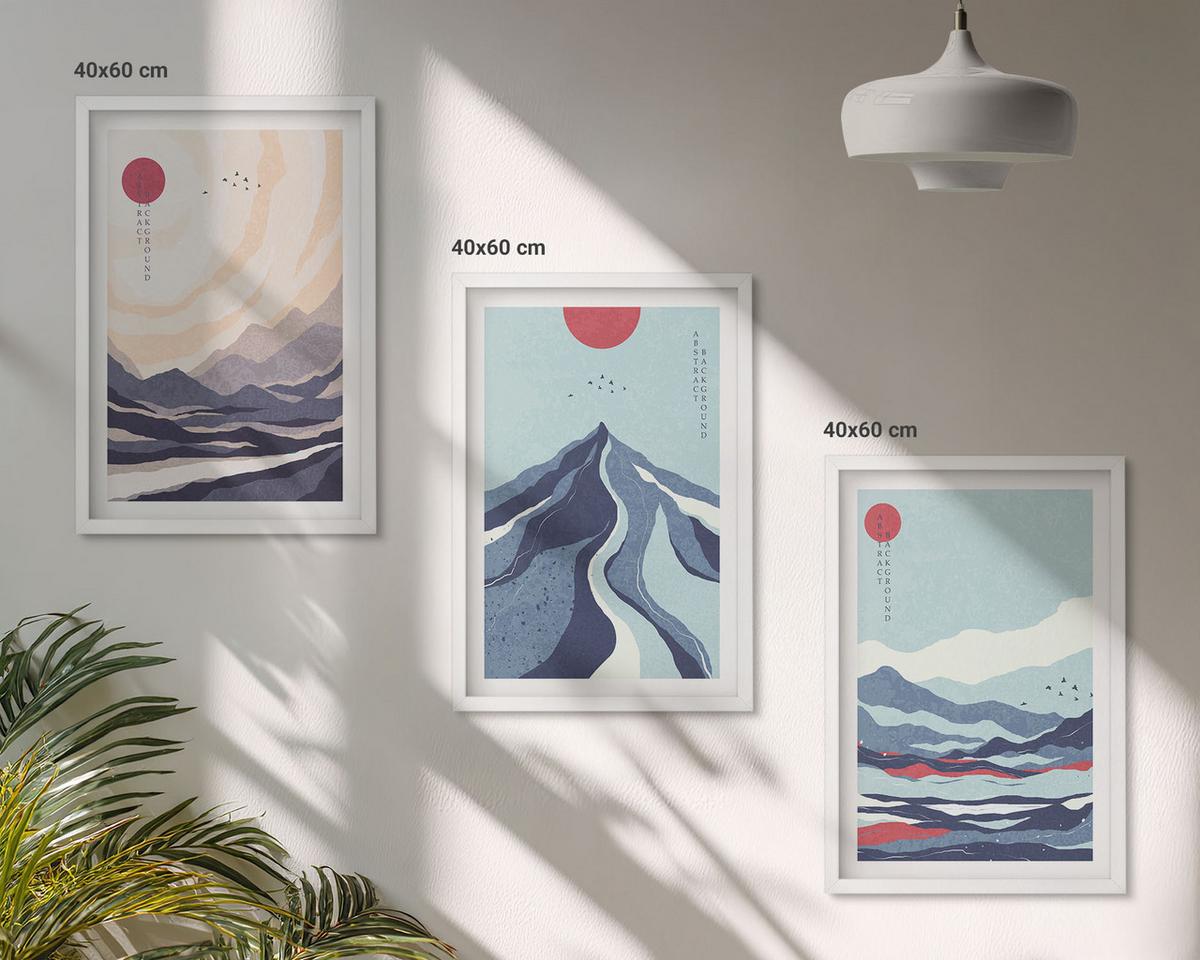 BILDER SET 3er Set - 40x60 cm Weißer Rahmen - Abstrakte japanische Berge - Weiß, Kunststoff (40/60cm) - TULUP
