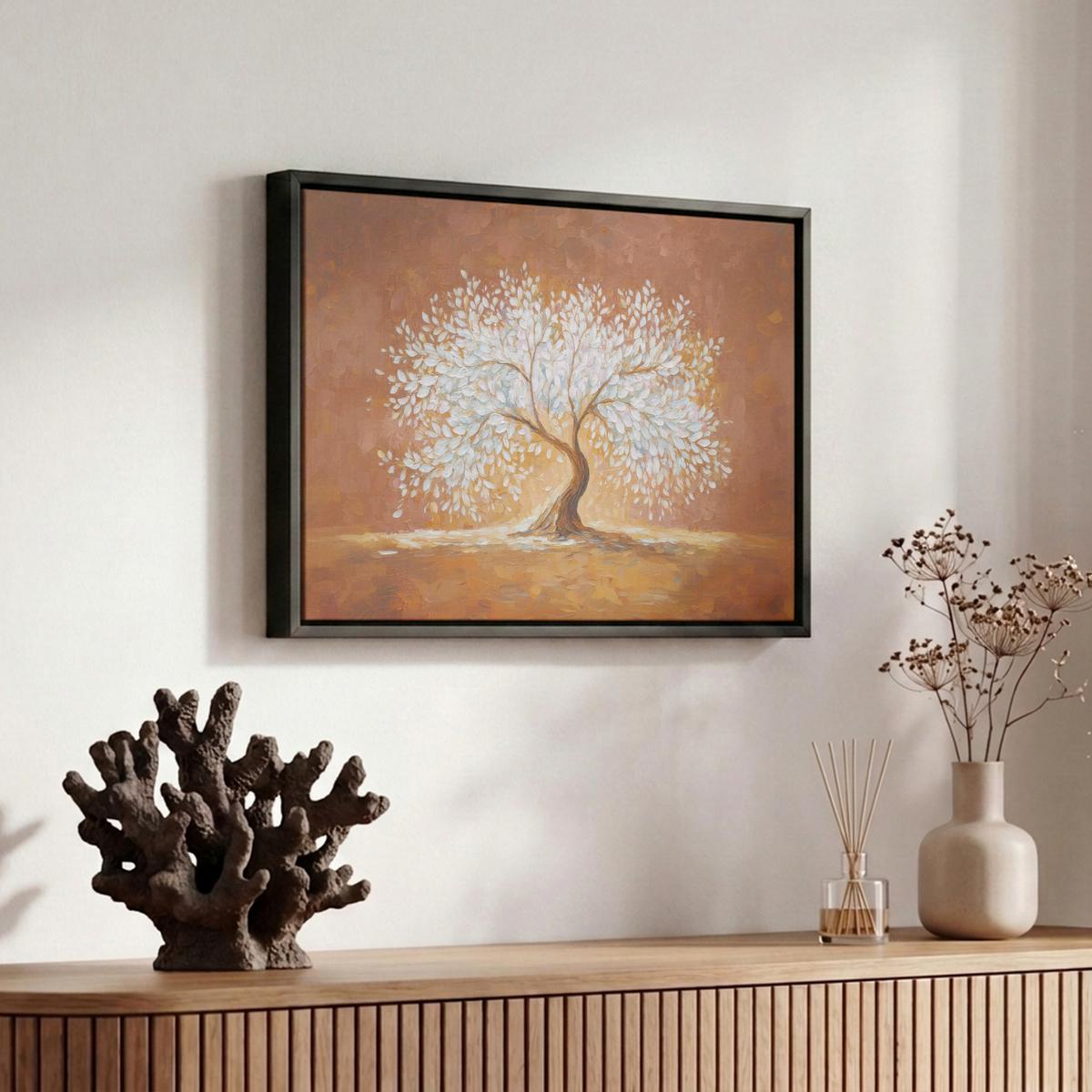 LEINWAND Bilder mit Rahmen - Abstrakt - Baum - Weiß - Blätter - 30x20 - Braun, Textil (30/20cm) - MuchoWow