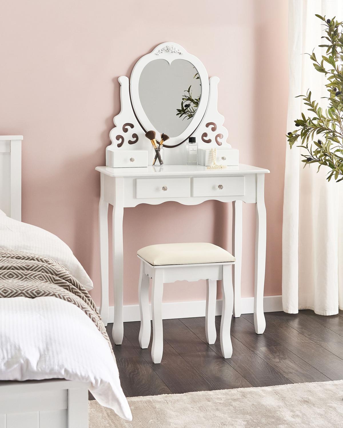 SCHMINKTISCH mit Spiegel und Hocker Weiß Diva - Weiß, Holzwerkstoff (75/144/40cm) - Beliani