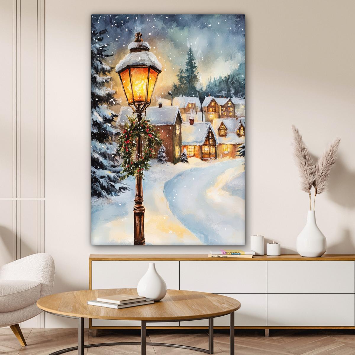 LEINWANDBILD Weihnachtsdorf - Häuser - Schnee - Weihnachten Deko Groß 90x140 cm - Sandfarben, Textil (90/140cm) - MuchoWow