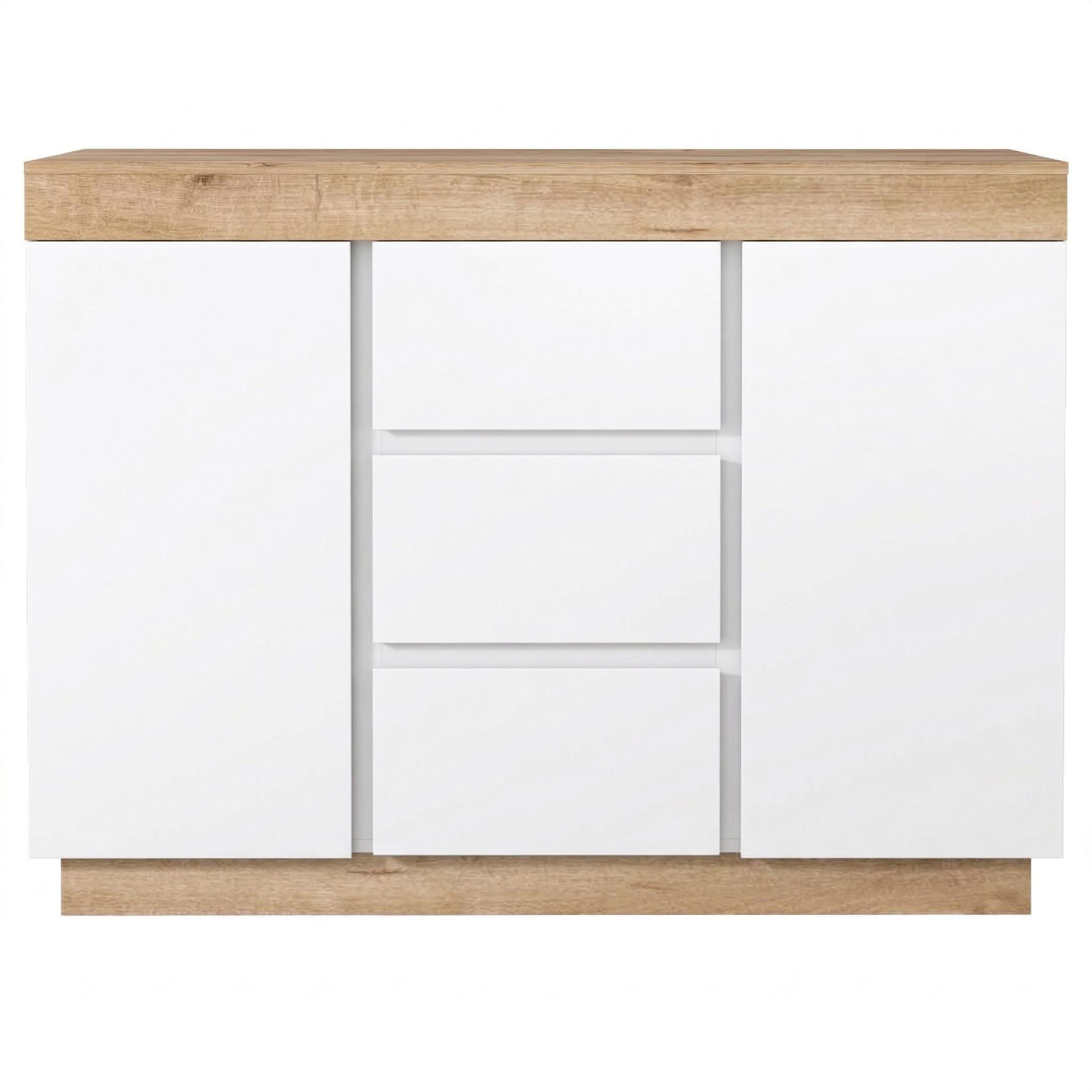 SIDEBOARD weiß eiche 120cm 3 schubladen 2 türen - Weiß, Holzwerkstoff (120.5/82.5/40cm) - Urban Meuble