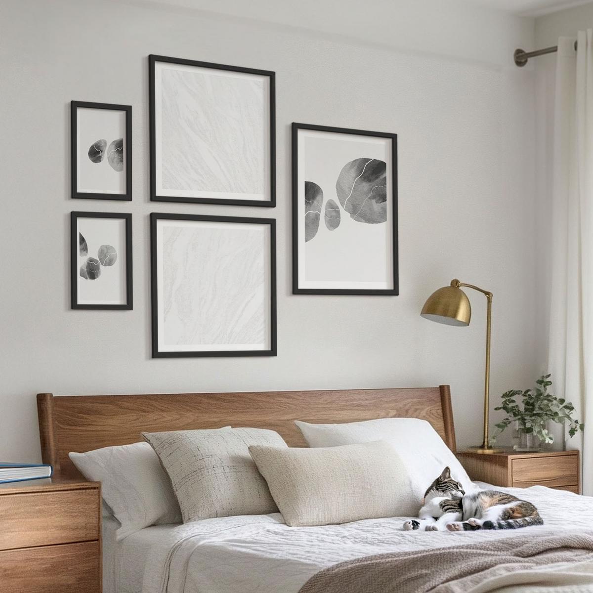 BILDER SET 5er Set - 50x50 cm & 20x30 cm & 40x60 cm Schwarzer Rahmen - Abstrakte Kunst, Farbspritzer - Schwarz, Kunststoff (40/60cm) - TULUP