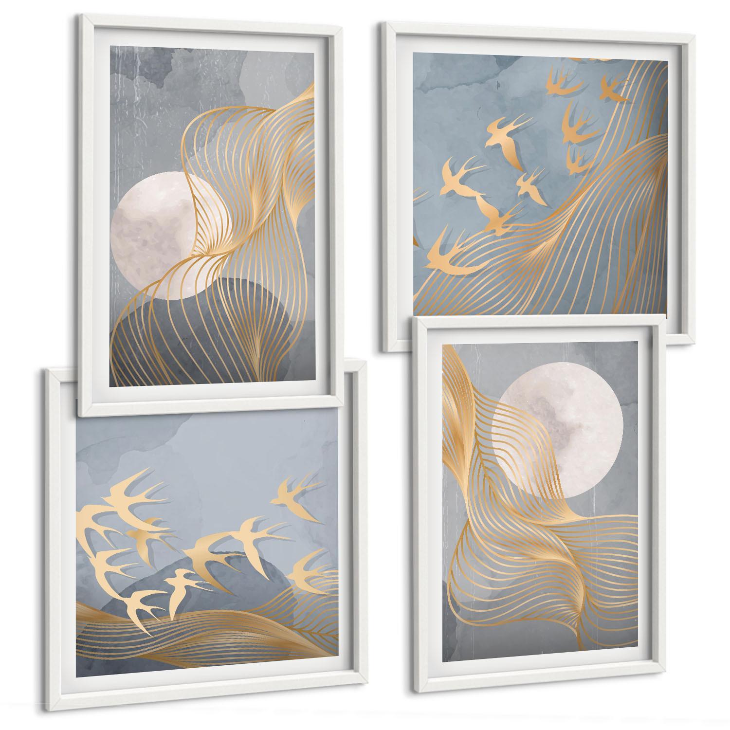 BILDER SET 4er Set - 50x50 cm & 40x60 cm Weißer Rahmen - Abstrakte Wellenkreise, grau - Weiß, Kunststoff (50/50cm) - TULUP