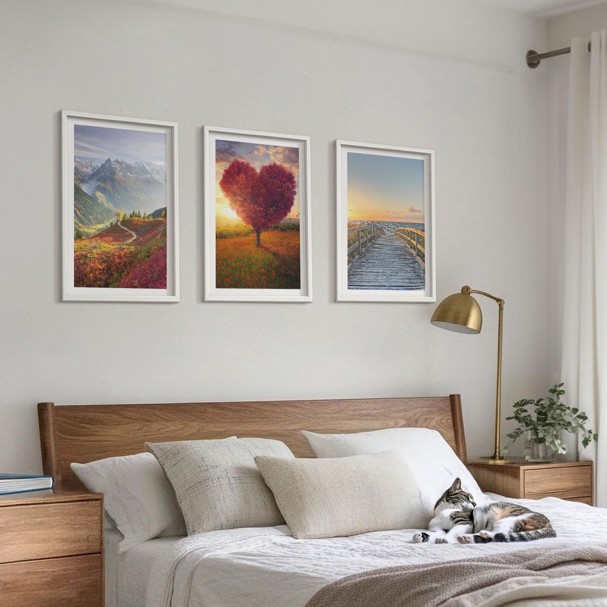 BILDER SET 3er Set - 40x60 cm Weißer Rahmen - Landschaften Berge Baum Herz Pier - Weiß, Kunststoff (40/60cm) - TULUP