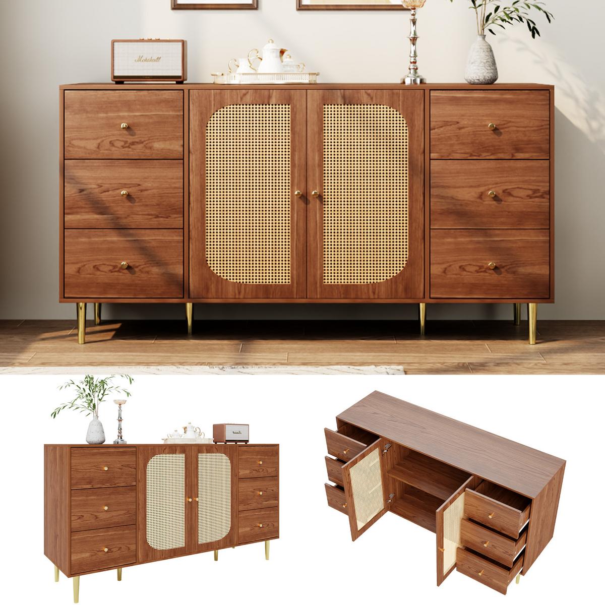 SIDEBOARD 160 cm Holzoptik & Rattan Kommode mit 6 Schubladen und 2 Türen - Eichefarben, Holzwerkstoff (160/90/40cm) - Urban Meuble