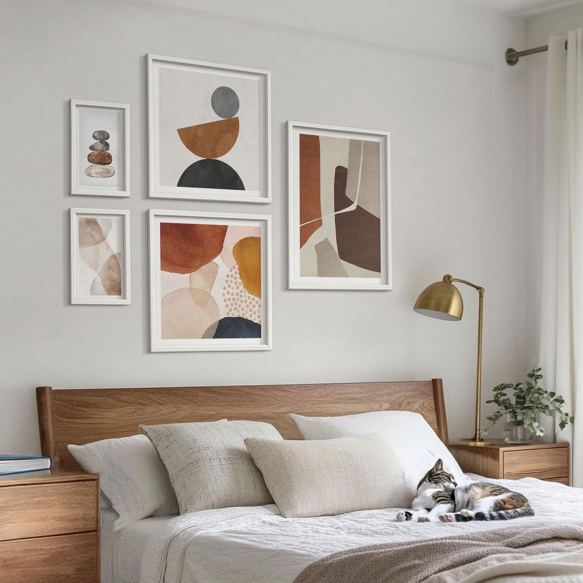BILDER SET 5er Set - 50x50 cm & 20x30 cm & 40x60 cm Weißer Rahmen - Abstrakte Malerei Dekorationen - Weiß, Kunststoff (40/60cm) - TULUP