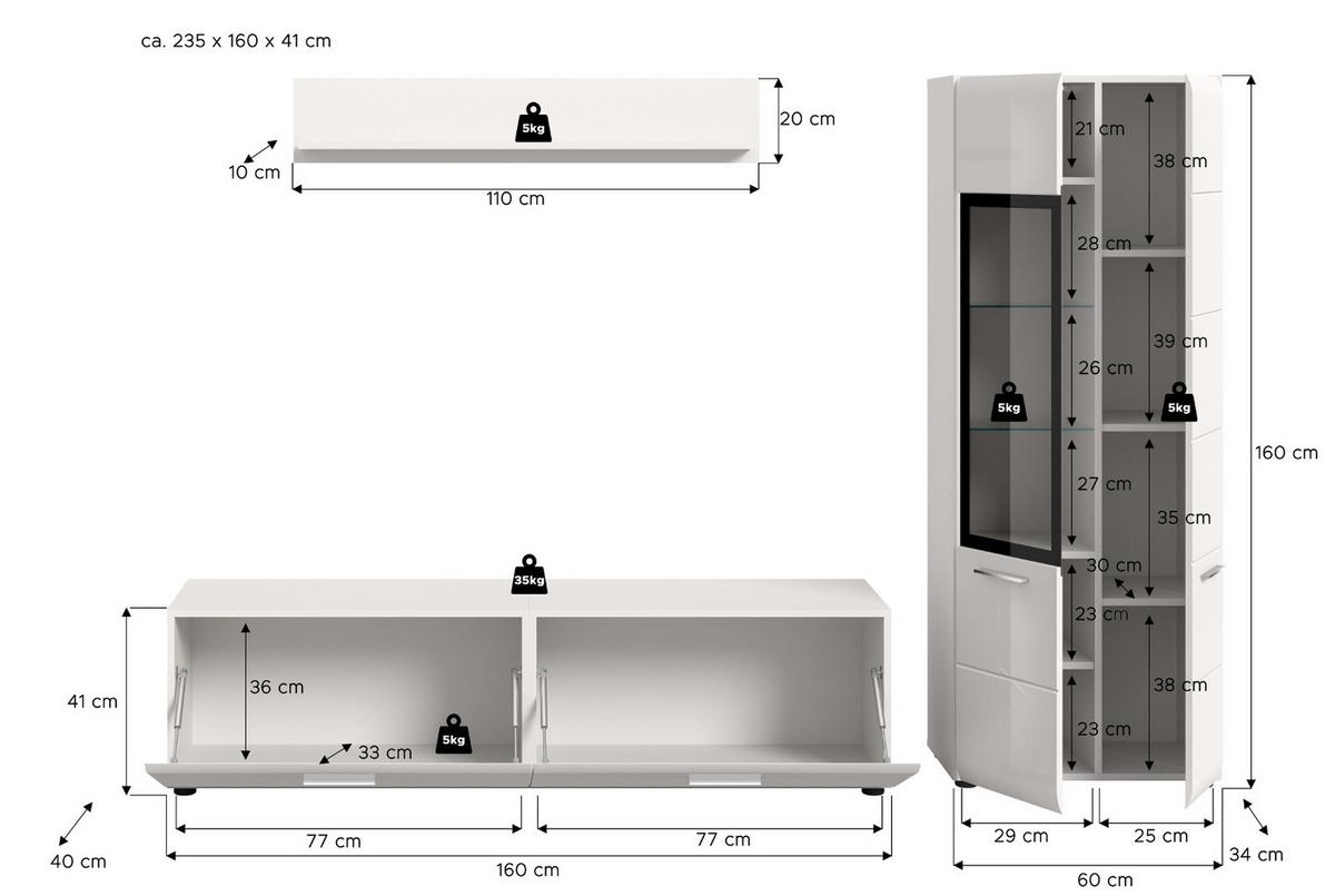 WOHNWAND weiß Hochglanz 3-teilig 235 cm, Schrankwand modernes Design - Weiß Hochglanz/Silberfarben, Glas/Holzwerkstoff (235/160/41cm) - Inn.Furn