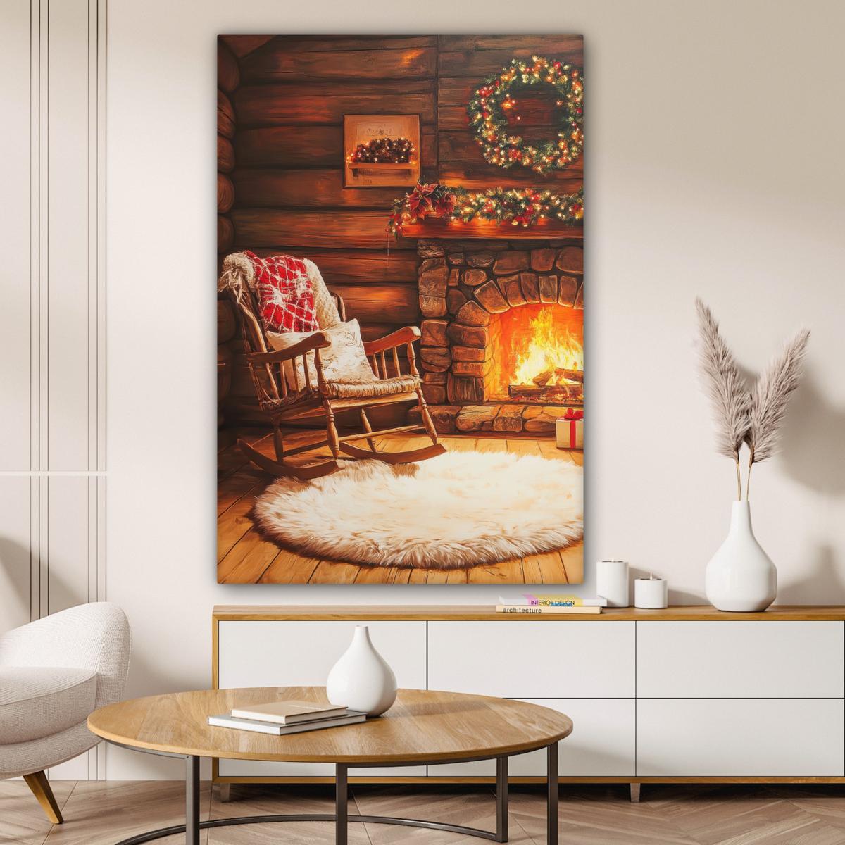 LEINWANDBILD Winter - Weihnachten - Zuhause - Kamin Deko XXL 80x120 cm - Bernsteinfarben, Textil (80/120cm) - MuchoWow