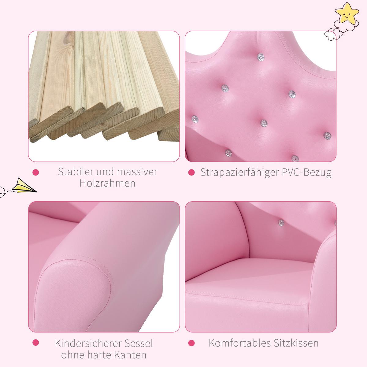 KINDERSOFA mit Ottomane Kindersessel Softsofa mit Kristallknöpfen Hocker Rosa - Rosa, Holz (405/49/58cm) - HOMCOM