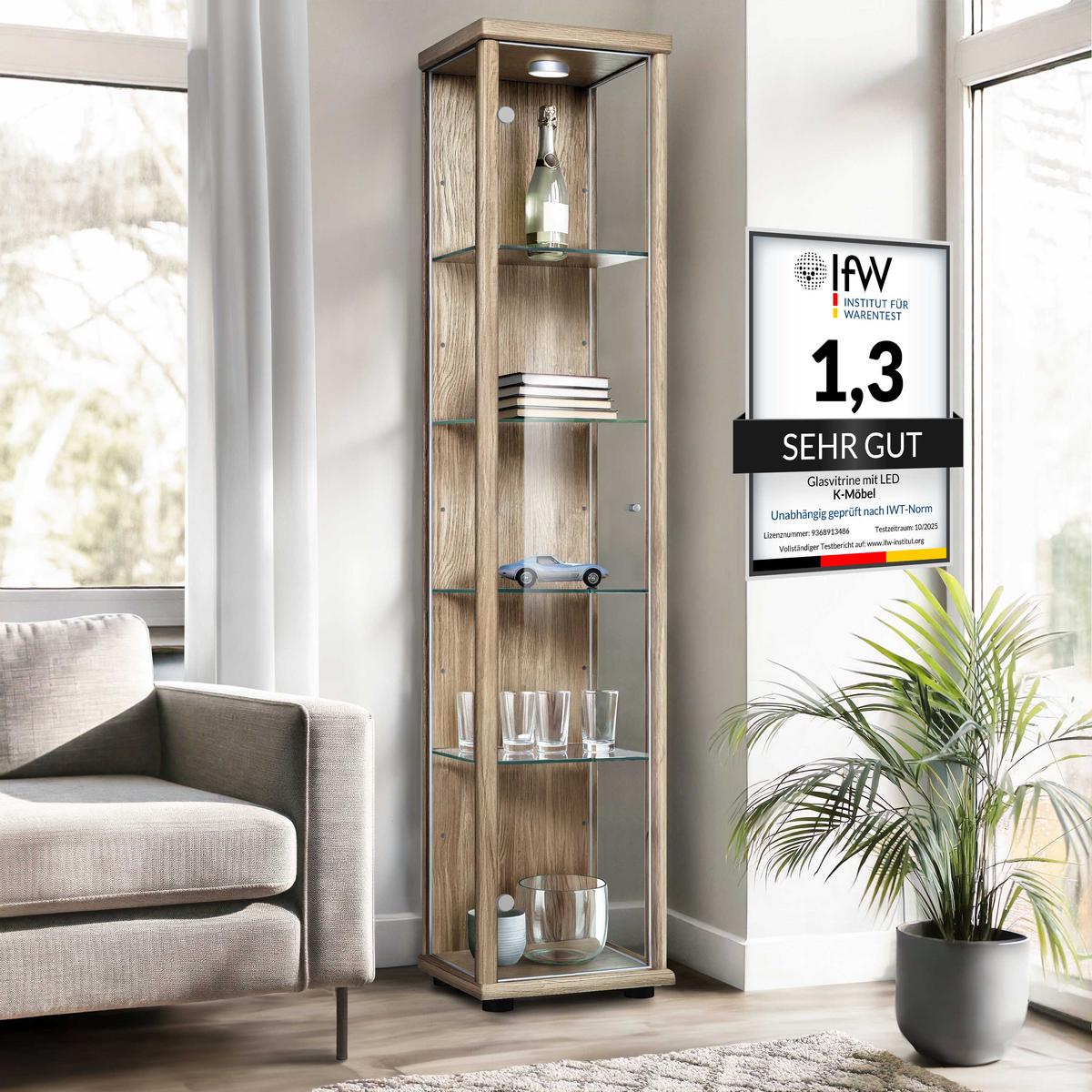 GLASVITRINE 33/37/176 cm mit LED & 4 höhenverstellbaren Glasböden - Transparent/Silberfarben, Glas/Holzwerkstoff (37/176/33cm) - K-Möbel