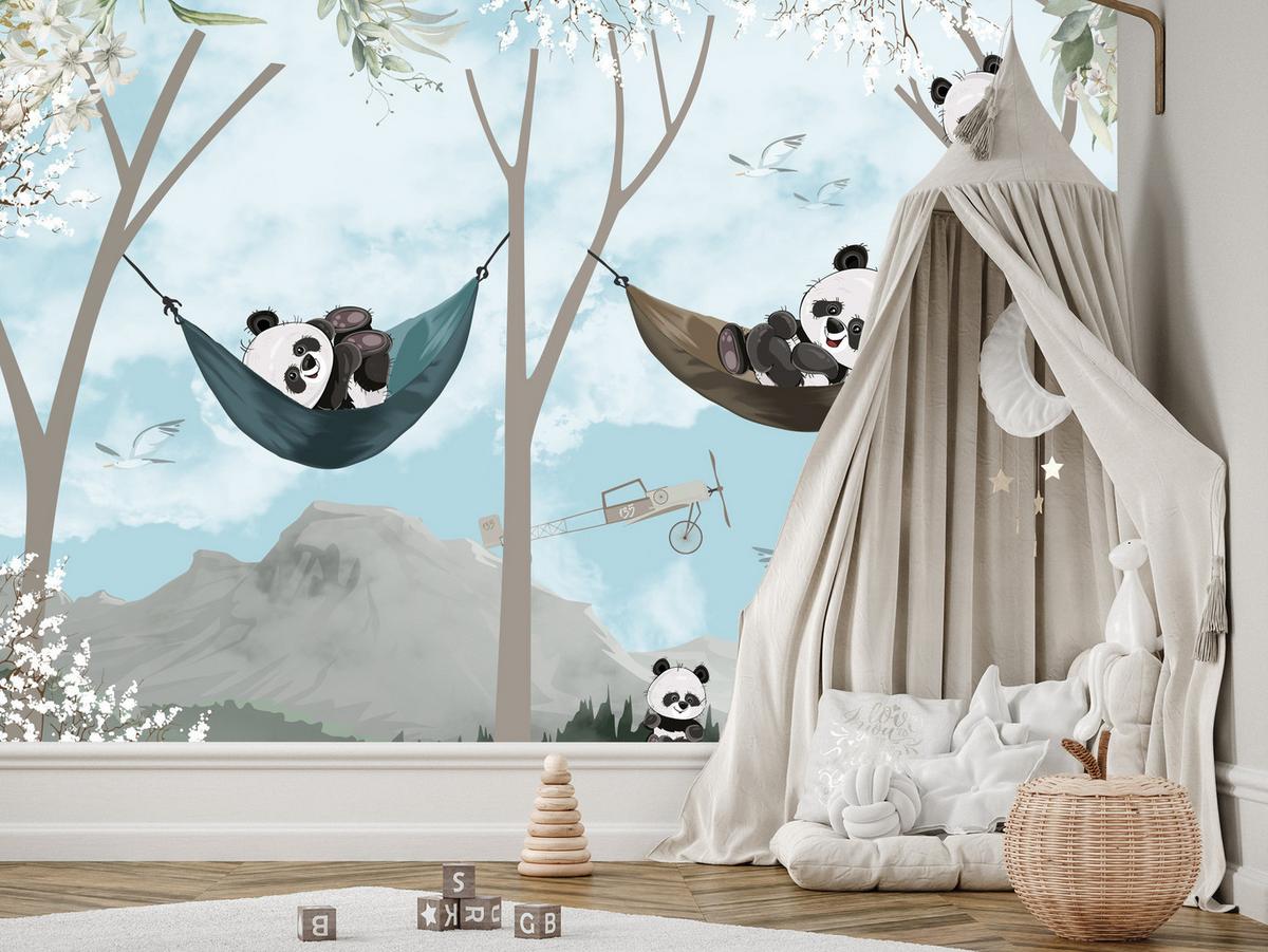 FOTOTAPETE für Kinderzimmer Pandas in Hängematten Märchenwald Blumen Berge 200x140 - Schwarz/Weiß, Papier (200/140cm) - Muralo