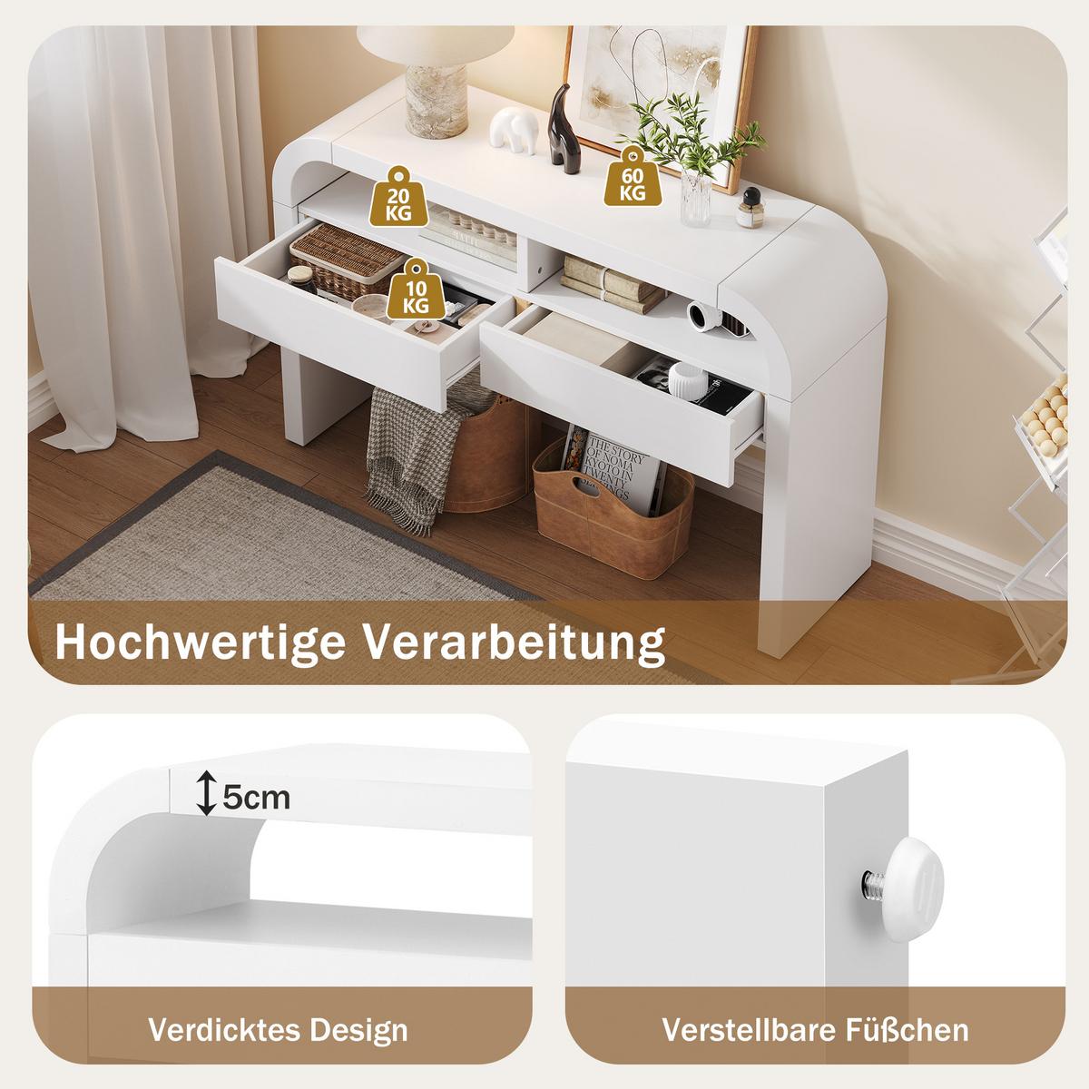 KONSOLENTISCH weiß mit 2 schubladen & abgerundeten kanten - Weiß, Holzwerkstoff (35.5/120/76.5cm) - Urban Meuble